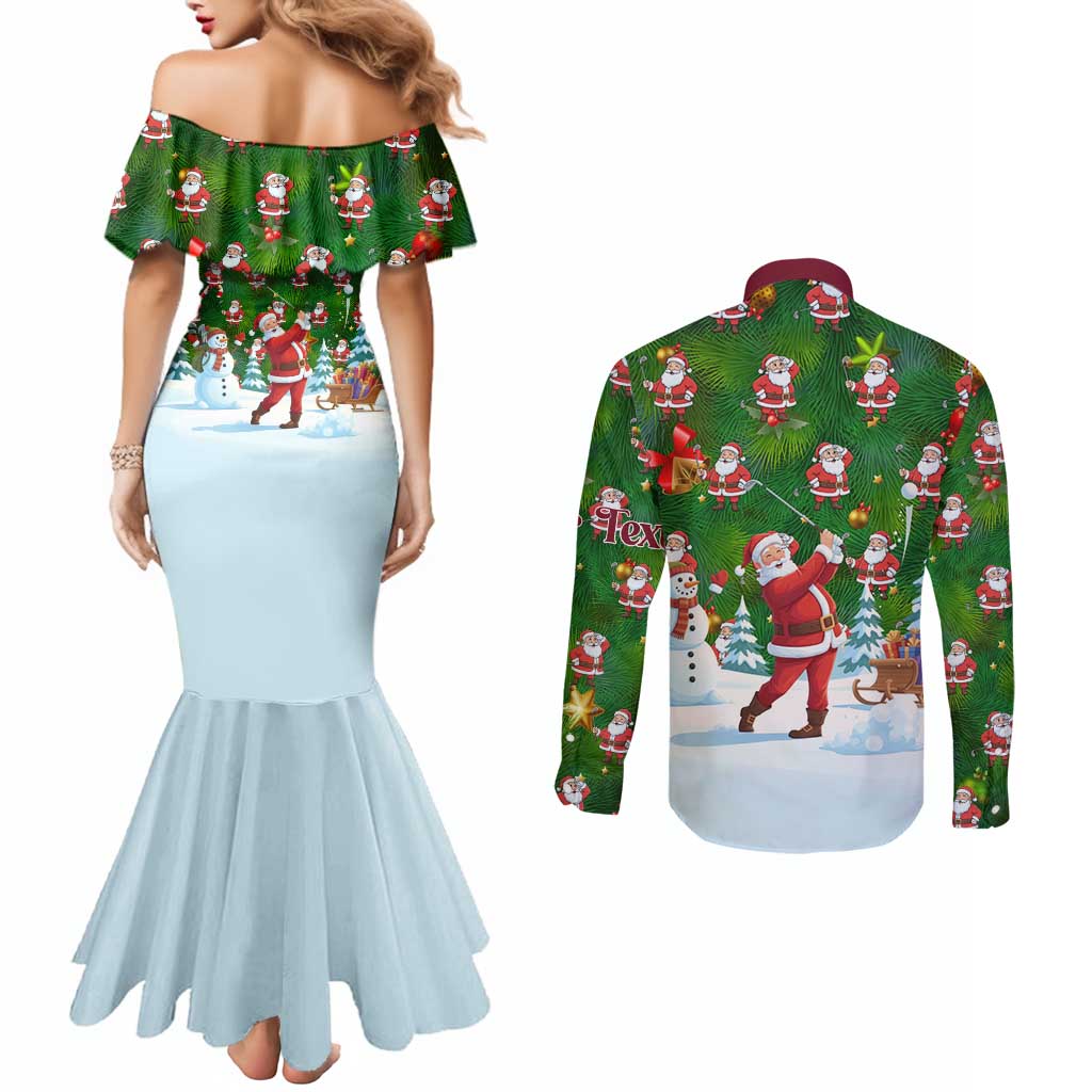 Custom Funny Christmas Golf Shirt Mens Golf Couples Matching Mermaid Dress and Long Sleeve Button Shirt Santa Golfer Christmas - Wonder Print Shop