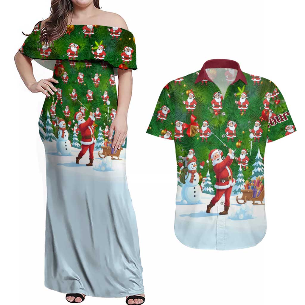 Custom Funny Christmas Golf Shirt Mens Golf Couples Matching Off Shoulder Maxi Dress and Hawaiian Shirt Santa Golfer Christmas - Wonder Print Shop