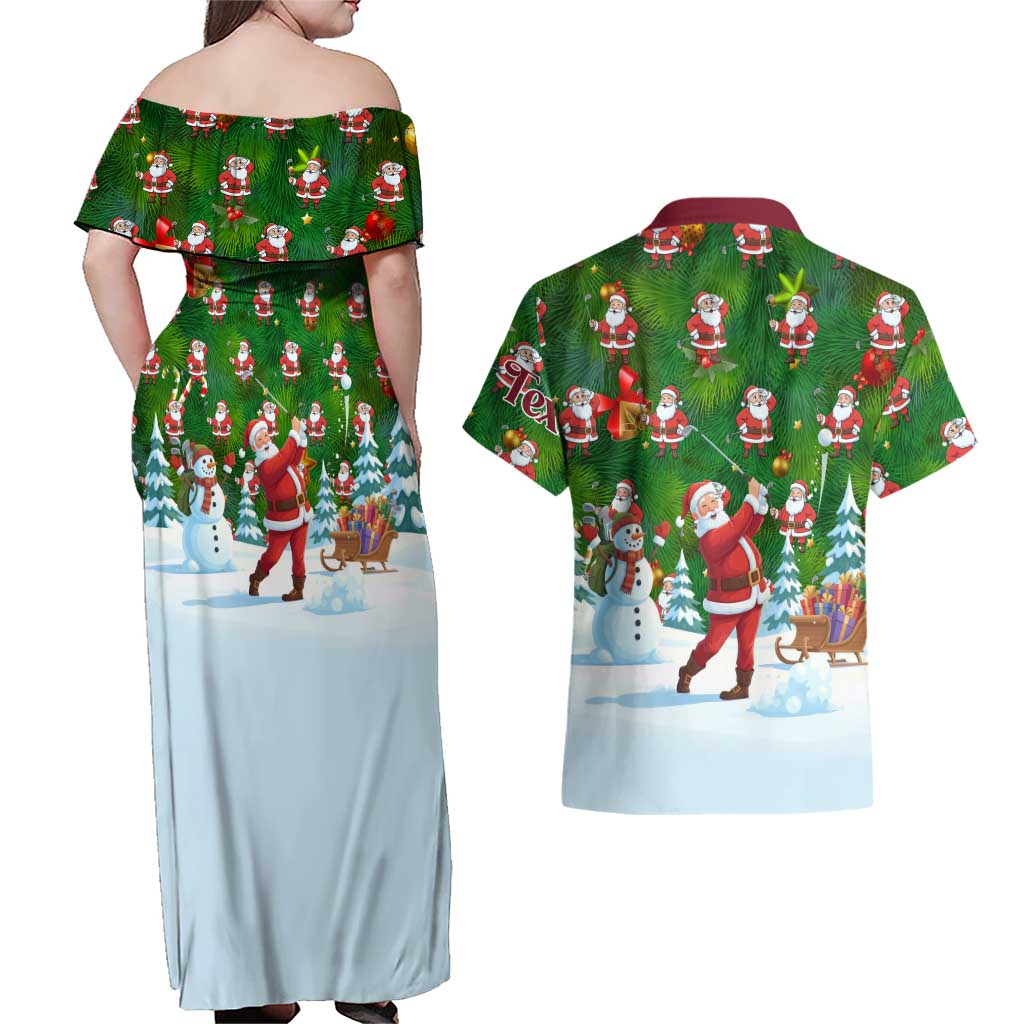 Custom Funny Christmas Golf Shirt Mens Golf Couples Matching Off Shoulder Maxi Dress and Hawaiian Shirt Santa Golfer Christmas - Wonder Print Shop
