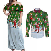 Custom Funny Christmas Golf Shirt Mens Golf Couples Matching Off Shoulder Maxi Dress and Long Sleeve Button Shirt Santa Golfer Christmas - Wonder Print Shop
