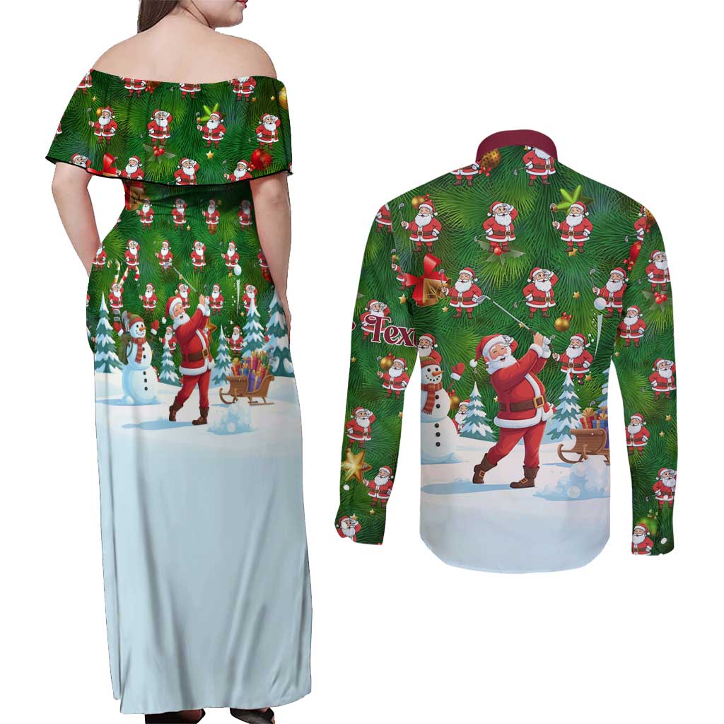 Custom Funny Christmas Golf Shirt Mens Golf Couples Matching Off Shoulder Maxi Dress and Long Sleeve Button Shirt Santa Golfer Christmas - Wonder Print Shop