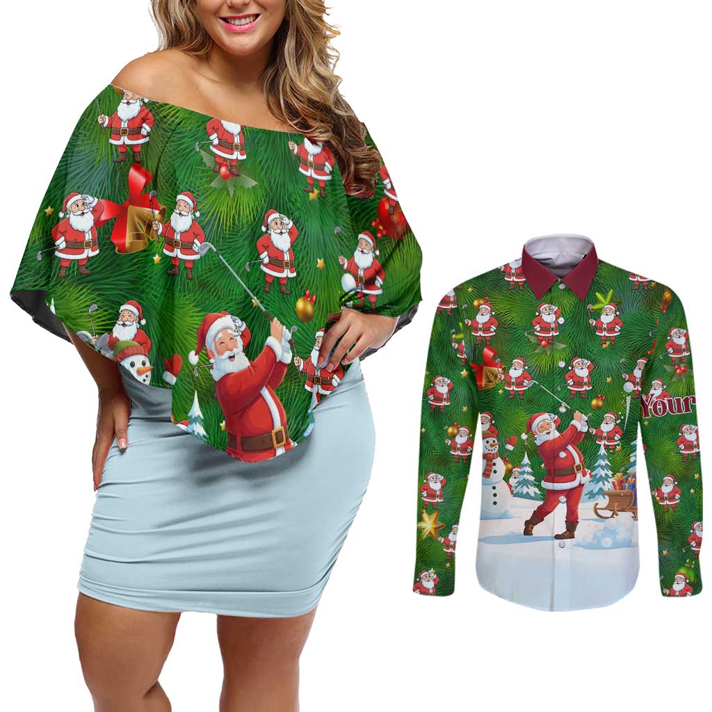 Custom Funny Christmas Golf Shirt Mens Golf Couples Matching Off Shoulder Short Dress and Long Sleeve Button Shirt Santa Golfer Christmas - Wonder Print Shop