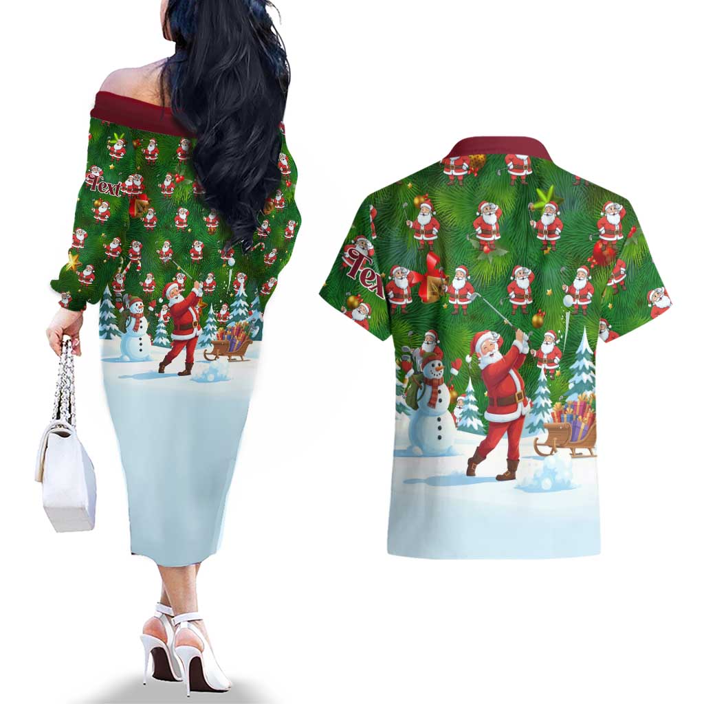 Custom Funny Christmas Golf Shirt Mens Golf Couples Matching Off The Shoulder Long Sleeve Dress and Hawaiian Shirt Santa Golfer Christmas - Wonder Print Shop