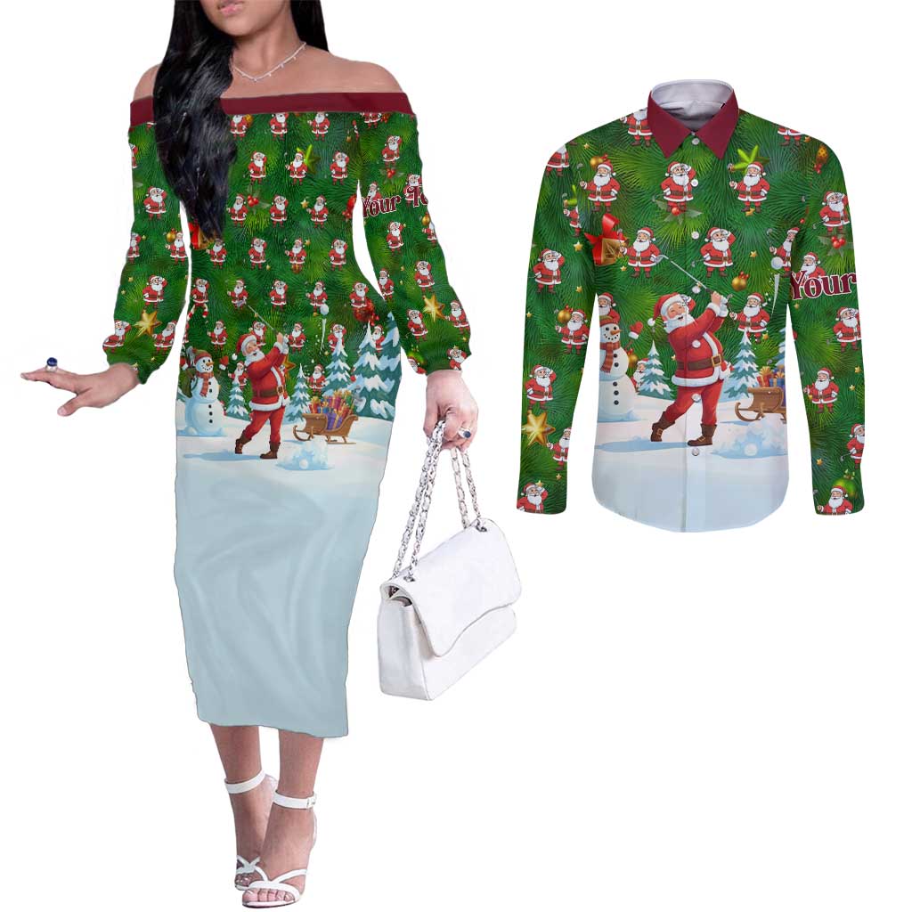 Custom Funny Christmas Golf Shirt Mens Golf Couples Matching Off The Shoulder Long Sleeve Dress and Long Sleeve Button Shirt Santa Golfer Christmas - Wonder Print Shop