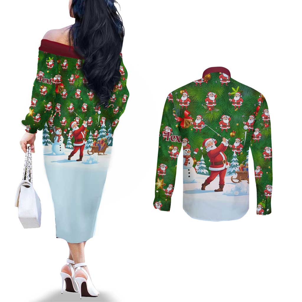 Custom Funny Christmas Golf Shirt Mens Golf Couples Matching Off The Shoulder Long Sleeve Dress and Long Sleeve Button Shirt Santa Golfer Christmas - Wonder Print Shop