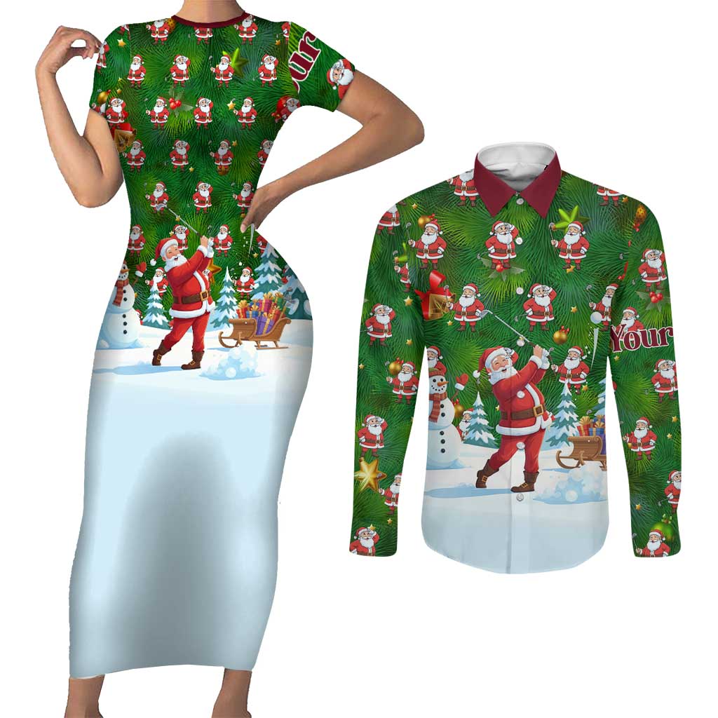 Custom Funny Christmas Golf Shirt Mens Golf Couples Matching Short Sleeve Bodycon Dress and Long Sleeve Button Shirt Santa Golfer Christmas - Wonder Print Shop
