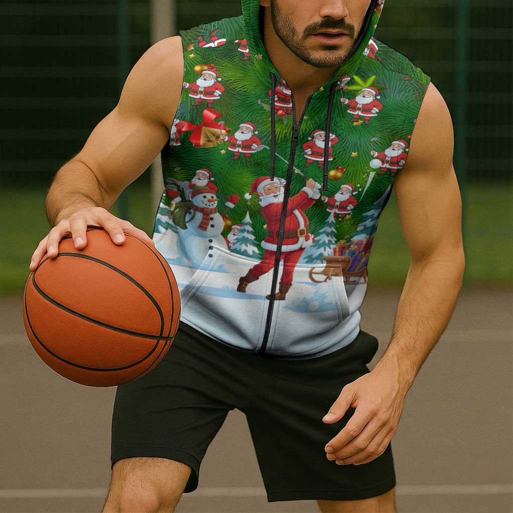 Funny Christmas Golf Shirt Mens Golf Sleeveless Zip Hoodie Santa Golfer Christmas - Wonder Print Shop