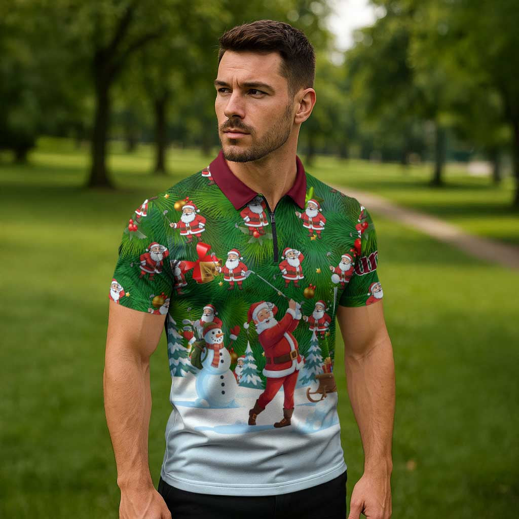 Custom Funny Christmas Golf Shirt Mens Golf Zipper Polo Shirt Santa Golfer Christmas - Wonder Print Shop