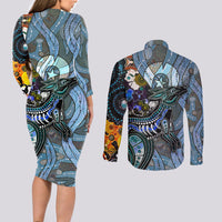 Kangaroo Aboriginal Pattern Dot Art Couples Matching Long Sleeve Bodycon Dress and Long Sleeve Button Shirt - Wonder Print Shop