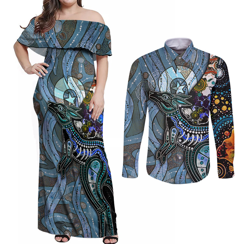 Kangaroo Aboriginal Pattern Dot Art Couples Matching Off Shoulder Maxi Dress and Long Sleeve Button Shirt - Wonder Print Shop