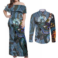 Kangaroo Aboriginal Pattern Dot Art Couples Matching Off Shoulder Maxi Dress and Long Sleeve Button Shirt - Wonder Print Shop