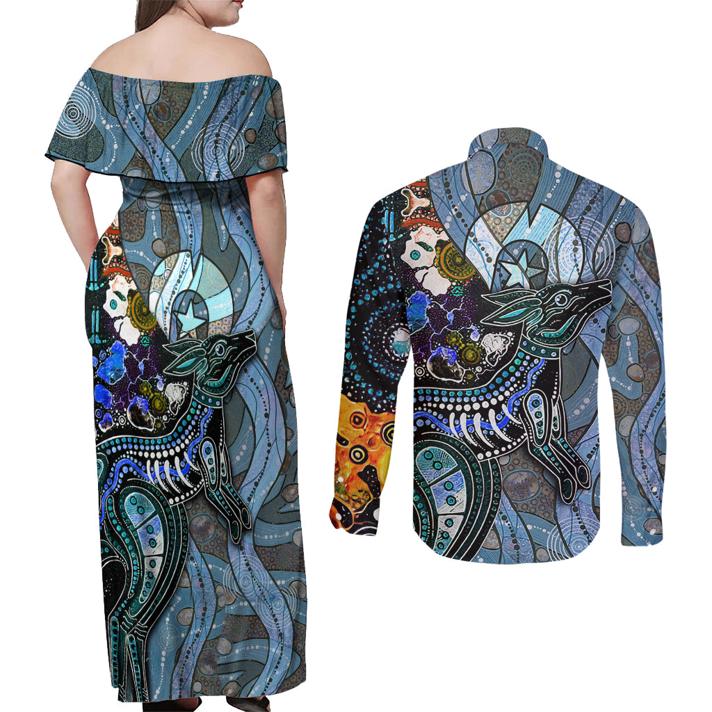 Kangaroo Aboriginal Pattern Dot Art Couples Matching Off Shoulder Maxi Dress and Long Sleeve Button Shirt - Wonder Print Shop