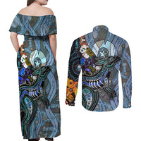Kangaroo Aboriginal Pattern Dot Art Couples Matching Off Shoulder Maxi Dress and Long Sleeve Button Shirt - Wonder Print Shop