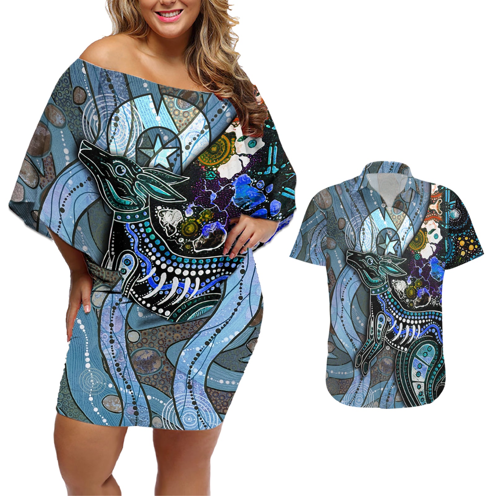 Kangaroo Aboriginal Pattern Dot Art Couples Matching Off Shoulder Short Dress and Hawaiian Shirt - Wonder Print Shop
