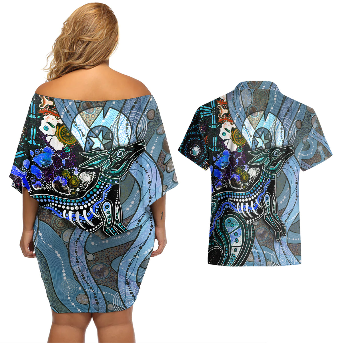 Kangaroo Aboriginal Pattern Dot Art Couples Matching Off Shoulder Short Dress and Hawaiian Shirt - Wonder Print Shop