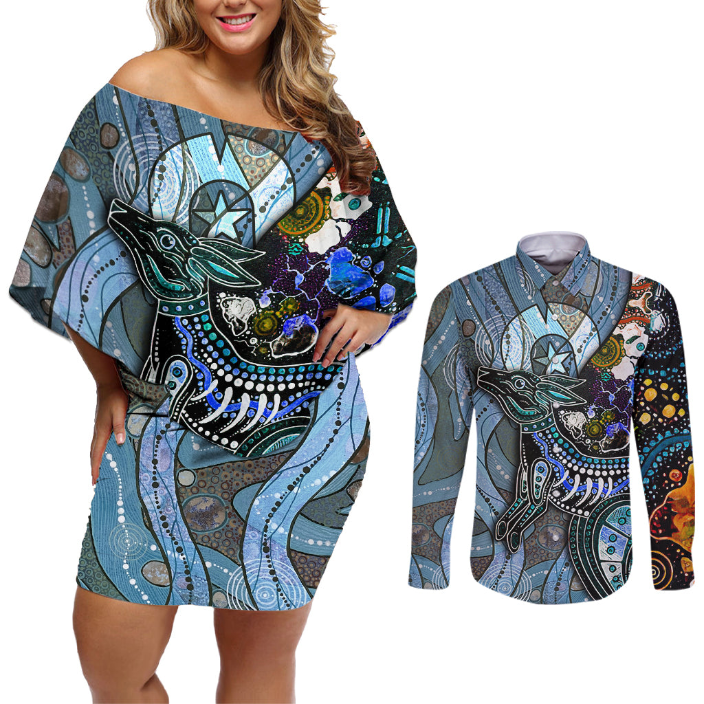 Kangaroo Aboriginal Pattern Dot Art Couples Matching Off Shoulder Short Dress and Long Sleeve Button Shirt - Wonder Print Shop