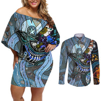 Kangaroo Aboriginal Pattern Dot Art Couples Matching Off Shoulder Short Dress and Long Sleeve Button Shirt - Wonder Print Shop