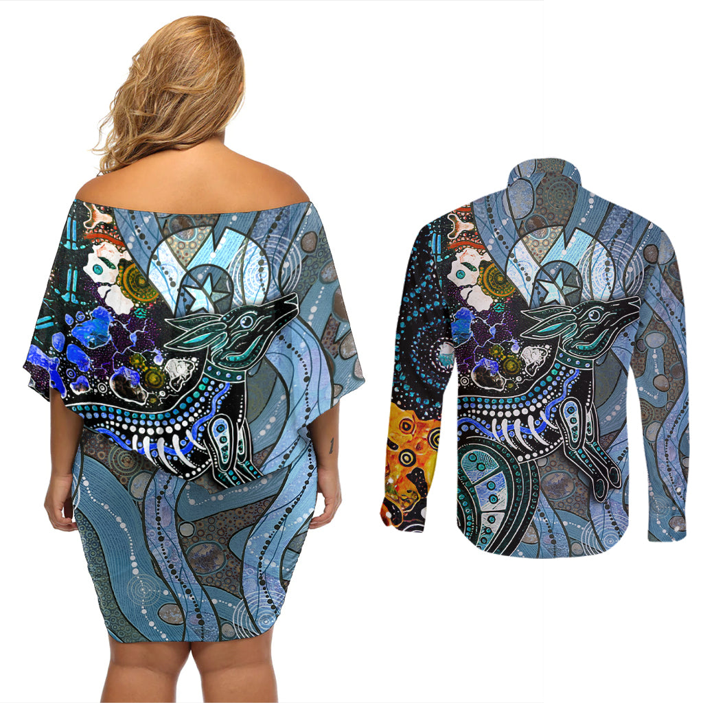 Kangaroo Aboriginal Pattern Dot Art Couples Matching Off Shoulder Short Dress and Long Sleeve Button Shirt - Wonder Print Shop