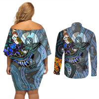 Kangaroo Aboriginal Pattern Dot Art Couples Matching Off Shoulder Short Dress and Long Sleeve Button Shirt - Wonder Print Shop