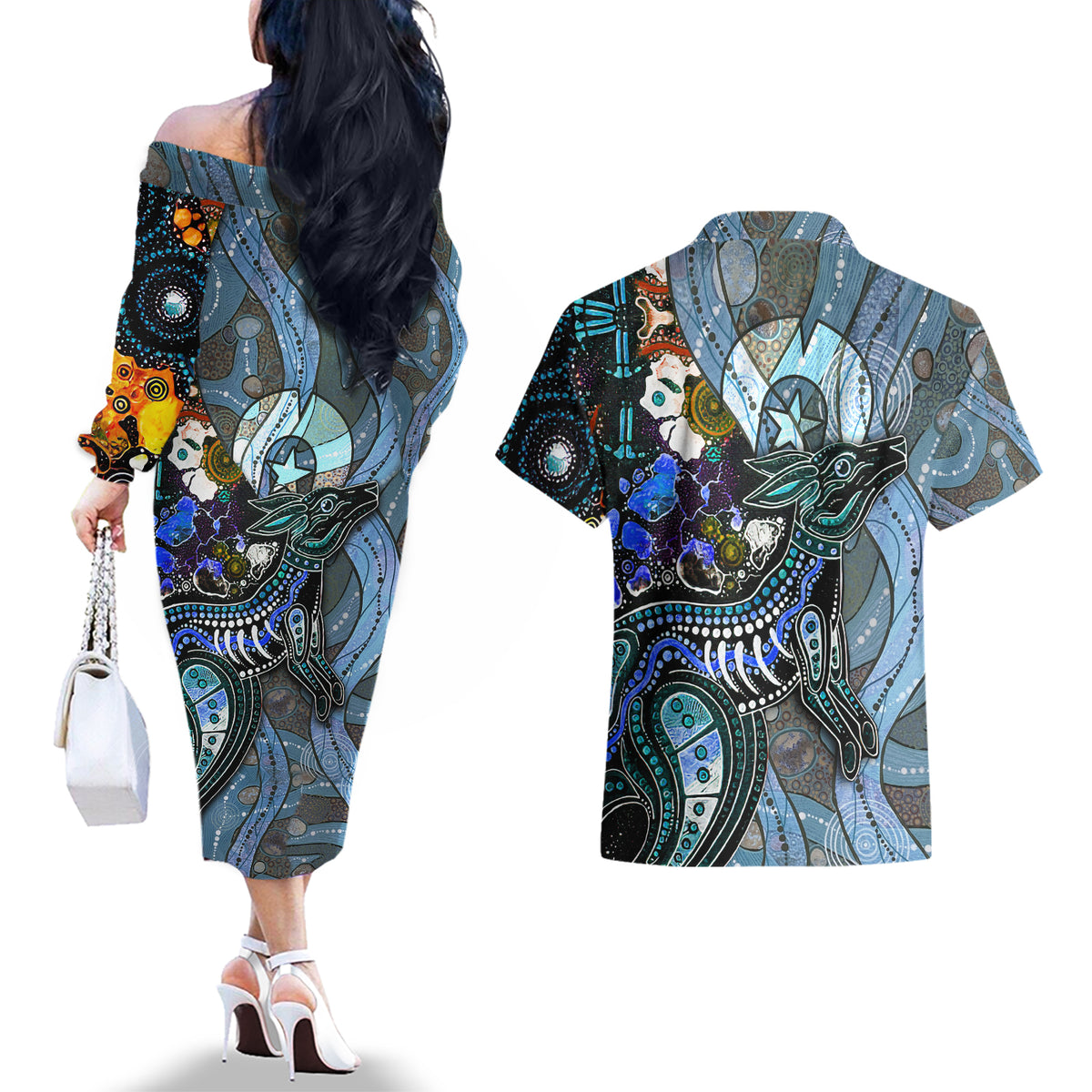 Kangaroo Aboriginal Pattern Dot Art Couples Matching Off The Shoulder Long Sleeve Dress and Hawaiian Shirt - Wonder Print Shop