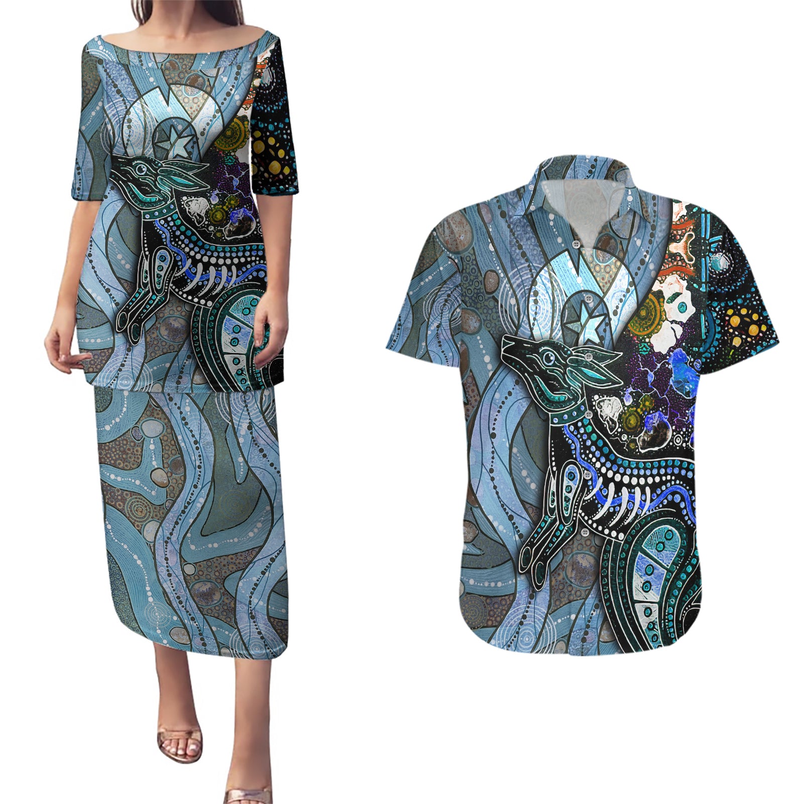Kangaroo Aboriginal Pattern Dot Art Couples Matching Puletasi and Hawaiian Shirt - Wonder Print Shop