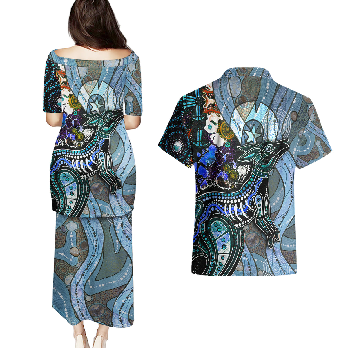 Kangaroo Aboriginal Pattern Dot Art Couples Matching Puletasi and Hawaiian Shirt - Wonder Print Shop