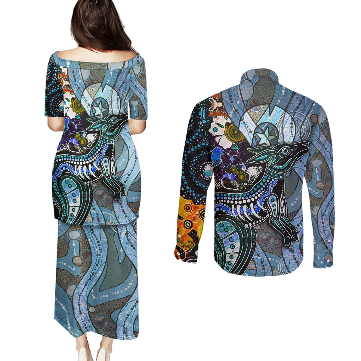 Kangaroo Aboriginal Pattern Dot Art Couples Matching Puletasi and Long Sleeve Button Shirt - Wonder Print Shop