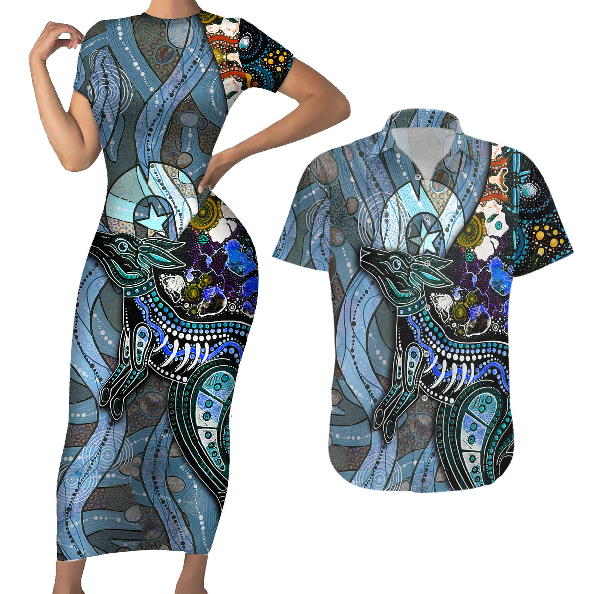 Kangaroo Aboriginal Pattern Dot Art Couples Matching Short Sleeve Bodycon Dress and Hawaiian Shirt - Wonder Print Shop