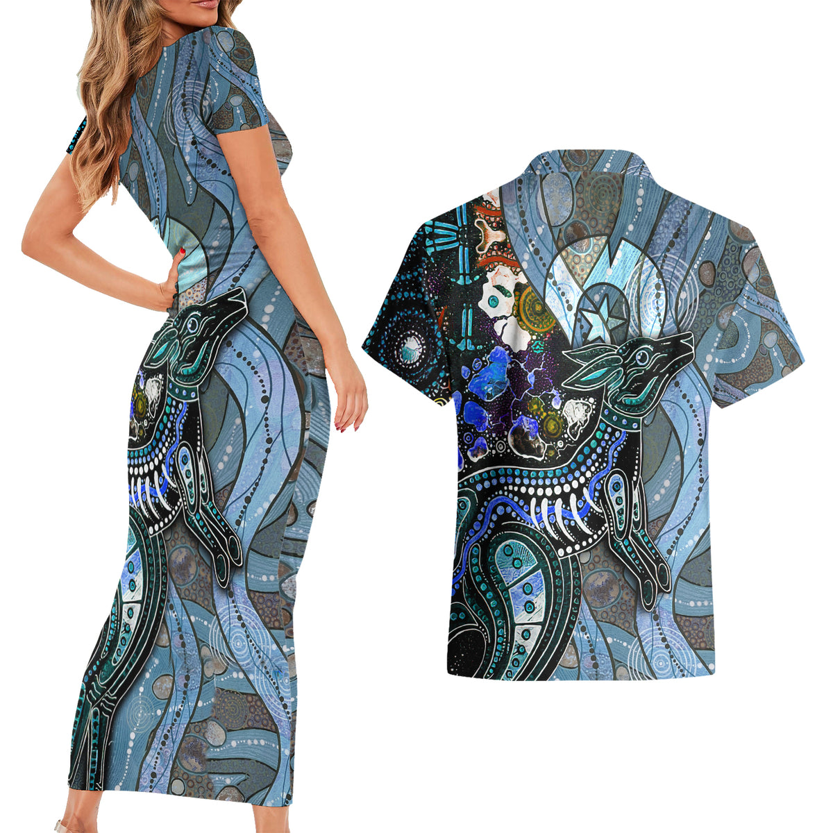 Kangaroo Aboriginal Pattern Dot Art Couples Matching Short Sleeve Bodycon Dress and Hawaiian Shirt - Wonder Print Shop