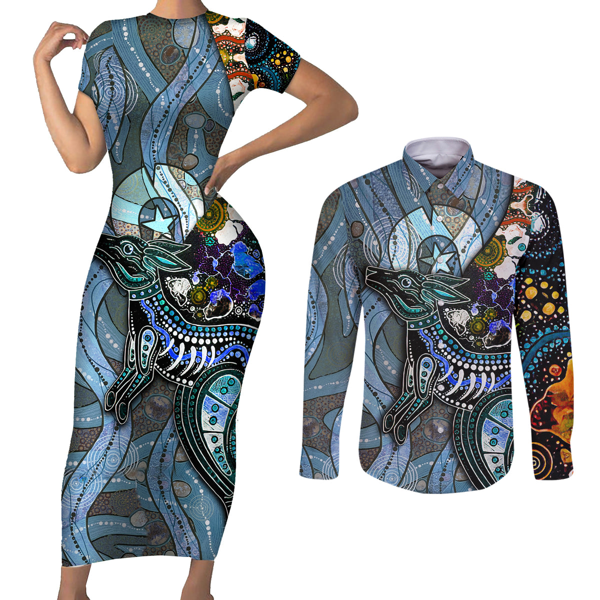 Kangaroo Aboriginal Pattern Dot Art Couples Matching Short Sleeve Bodycon Dress and Long Sleeve Button Shirt - Wonder Print Shop