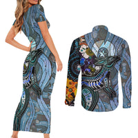 Kangaroo Aboriginal Pattern Dot Art Couples Matching Short Sleeve Bodycon Dress and Long Sleeve Button Shirt - Wonder Print Shop