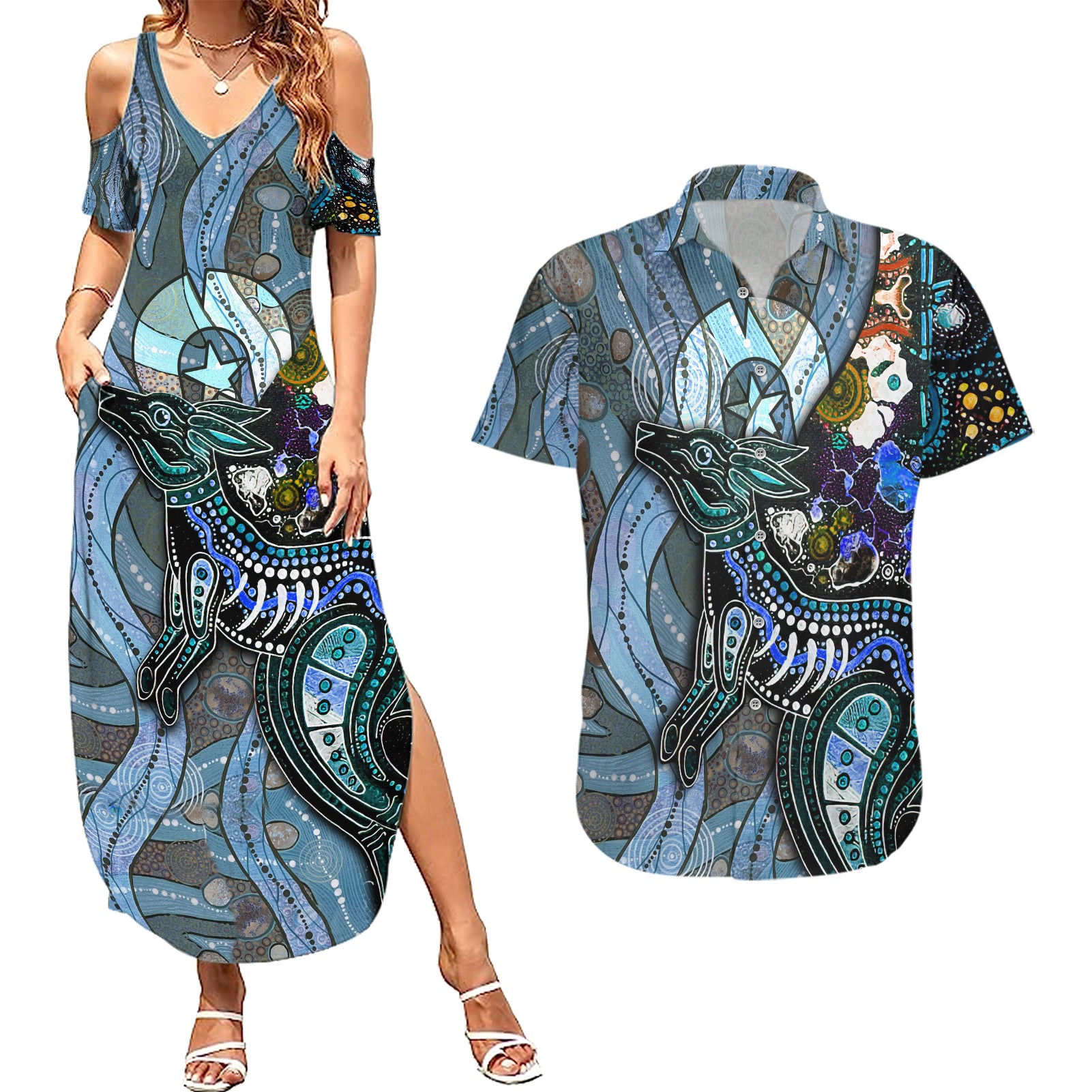 Kangaroo Aboriginal Pattern Dot Art Couples Matching Summer Maxi Dress and Hawaiian Shirt - Wonder Print Shop