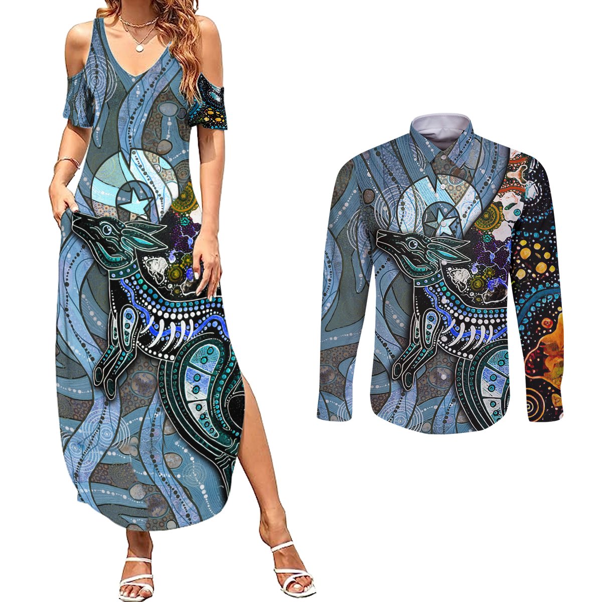 Kangaroo Aboriginal Pattern Dot Art Couples Matching Summer Maxi Dress and Long Sleeve Button Shirt - Wonder Print Shop