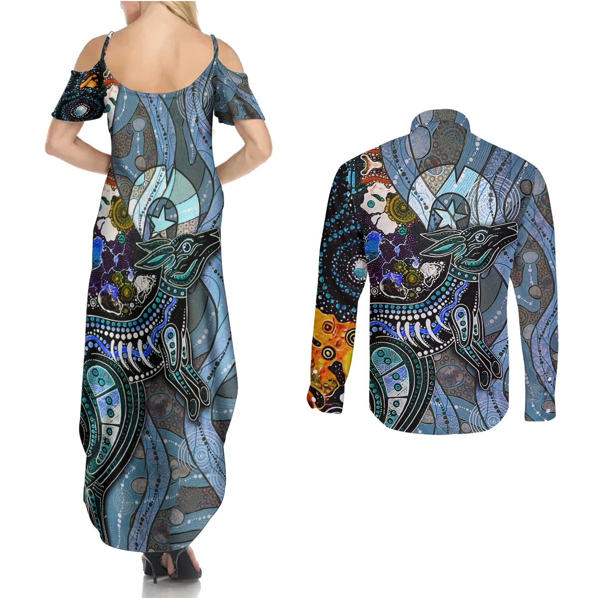 Kangaroo Aboriginal Pattern Dot Art Couples Matching Summer Maxi Dress and Long Sleeve Button Shirt - Wonder Print Shop