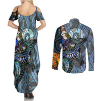 Kangaroo Aboriginal Pattern Dot Art Couples Matching Summer Maxi Dress and Long Sleeve Button Shirt - Wonder Print Shop