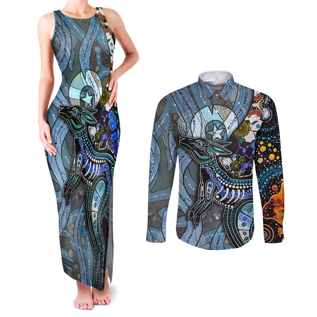 Kangaroo Aboriginal Pattern Dot Art Couples Matching Tank Maxi Dress and Long Sleeve Button Shirt - Wonder Print Shop