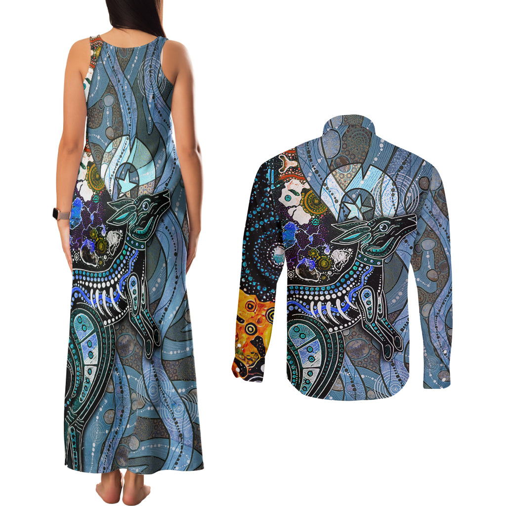 Kangaroo Aboriginal Pattern Dot Art Couples Matching Tank Maxi Dress and Long Sleeve Button Shirt - Wonder Print Shop