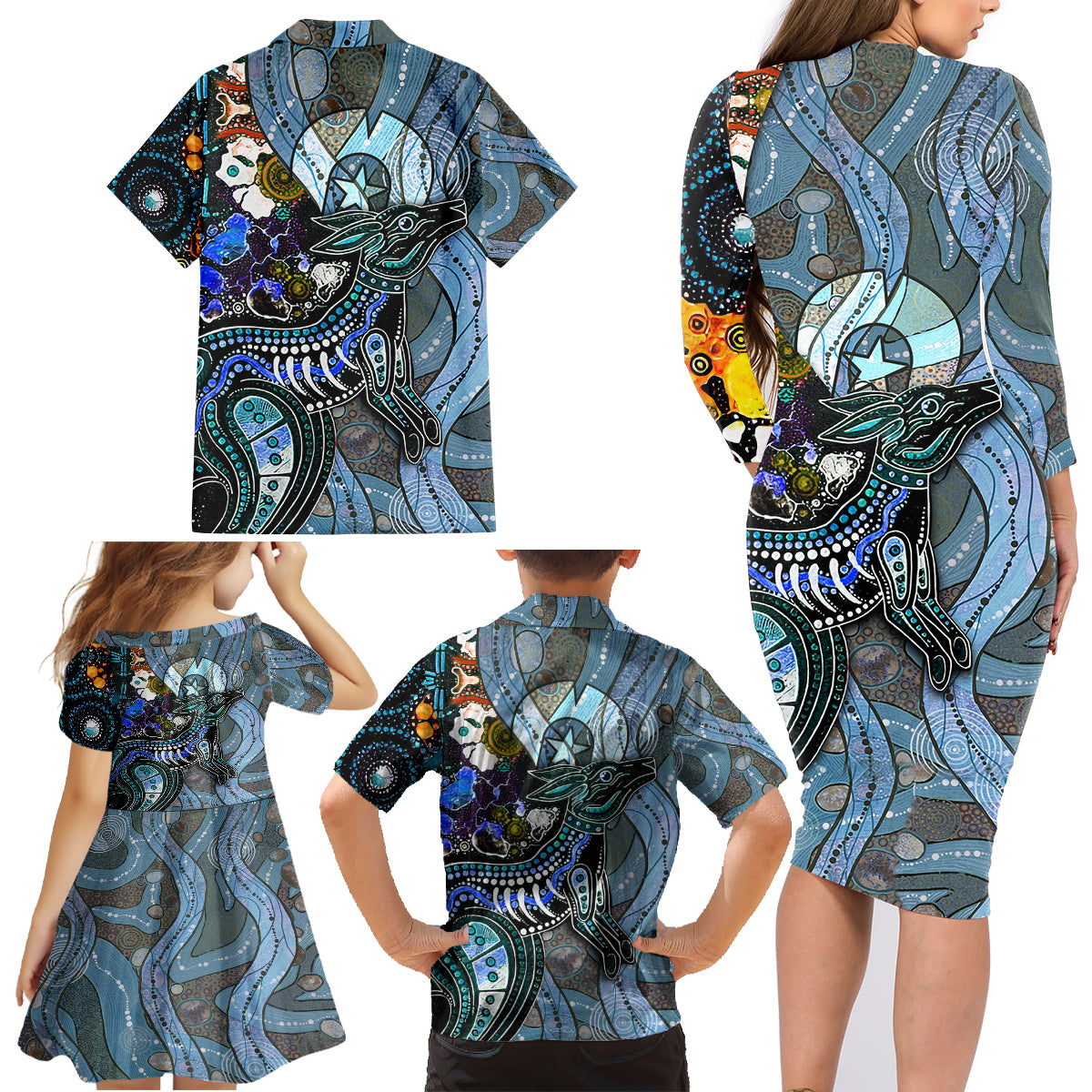 Kangaroo Aboriginal Pattern Dot Art Family Matching Long Sleeve Bodycon Dress and Hawaiian Shirt - Wonder Print Shop