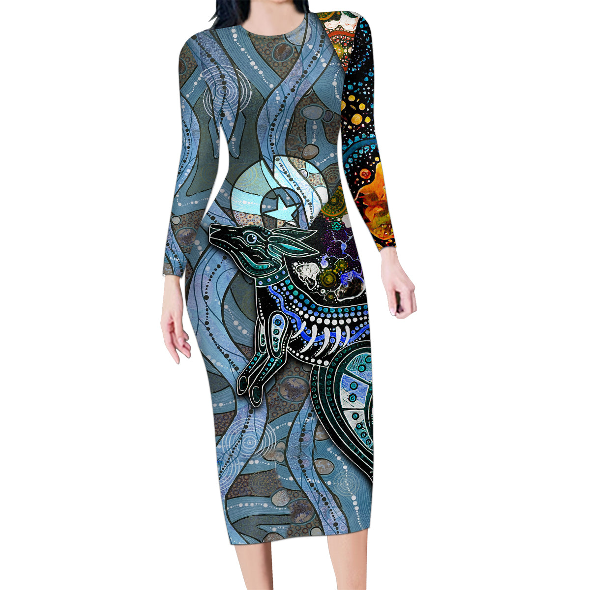 Kangaroo Aboriginal Pattern Dot Art Family Matching Long Sleeve Bodycon Dress and Hawaiian Shirt - Wonder Print Shop