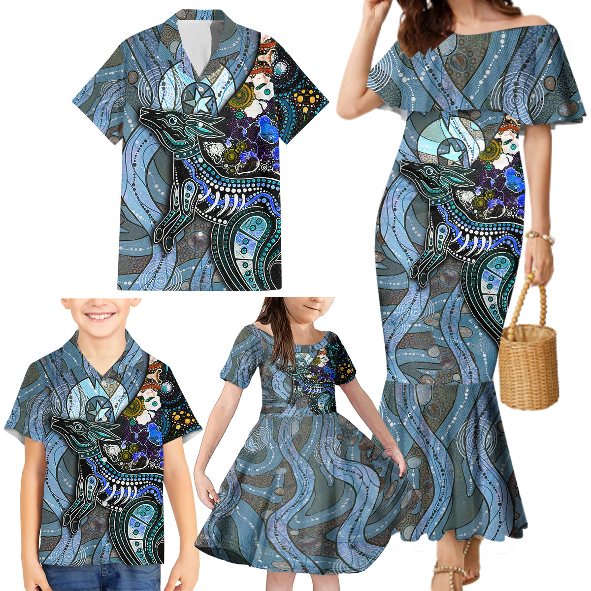Kangaroo Aboriginal Pattern Dot Art Family Matching Mermaid Dress and Hawaiian Shirt - Wonder Print Shop