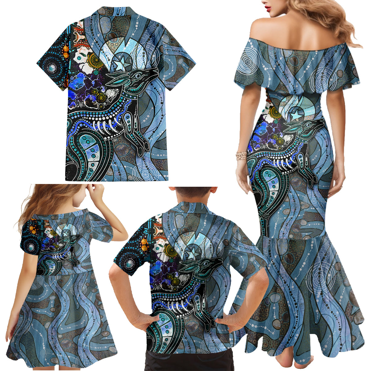 Kangaroo Aboriginal Pattern Dot Art Family Matching Mermaid Dress and Hawaiian Shirt - Wonder Print Shop