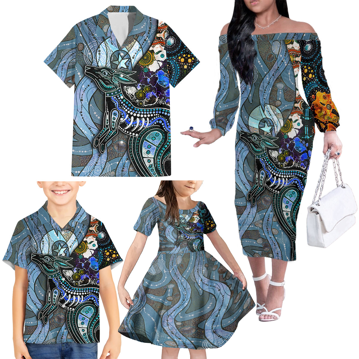 Kangaroo Aboriginal Pattern Dot Art Family Matching Off Shoulder Long Sleeve Dress and Hawaiian Shirt - Wonder Print Shop