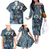 Kangaroo Aboriginal Pattern Dot Art Family Matching Off Shoulder Long Sleeve Dress and Hawaiian Shirt - Wonder Print Shop