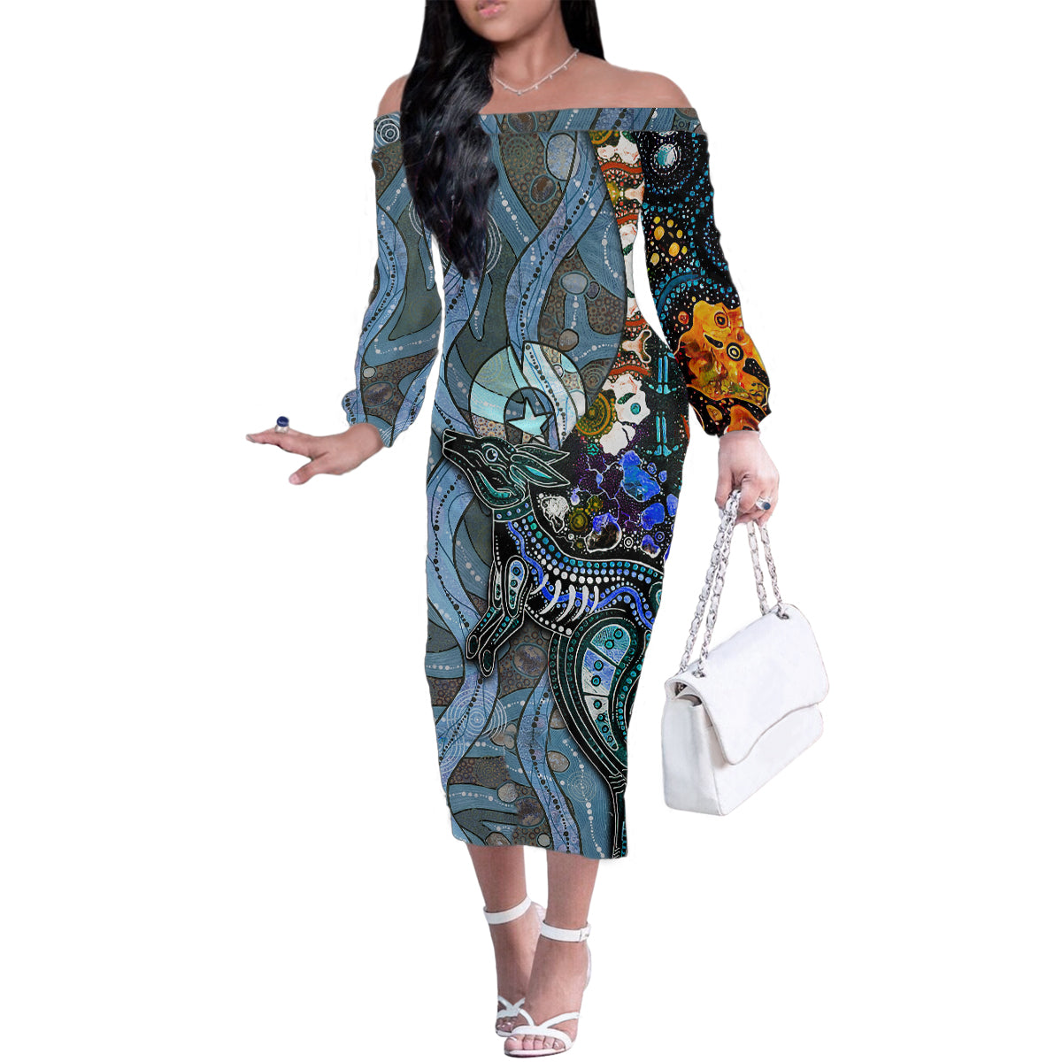 Kangaroo Aboriginal Pattern Dot Art Family Matching Off Shoulder Long Sleeve Dress and Hawaiian Shirt - Wonder Print Shop