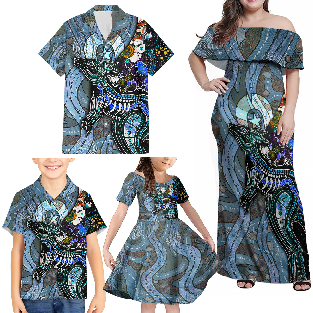 Kangaroo Aboriginal Pattern Dot Art Family Matching Off Shoulder Maxi Dress and Hawaiian Shirt - Wonder Print Shop