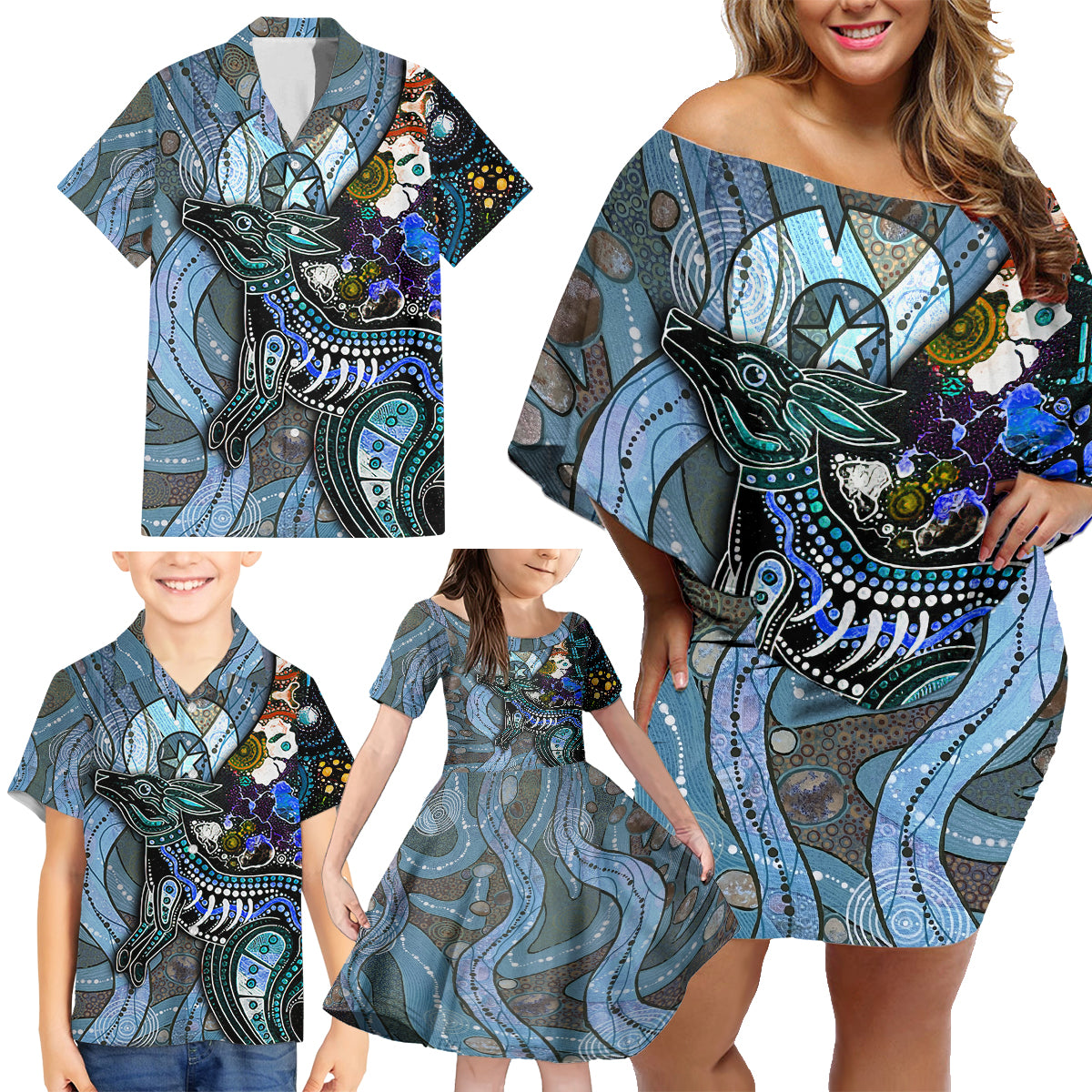 Kangaroo Aboriginal Pattern Dot Art Family Matching Off Shoulder Short Dress and Hawaiian Shirt - Wonder Print Shop