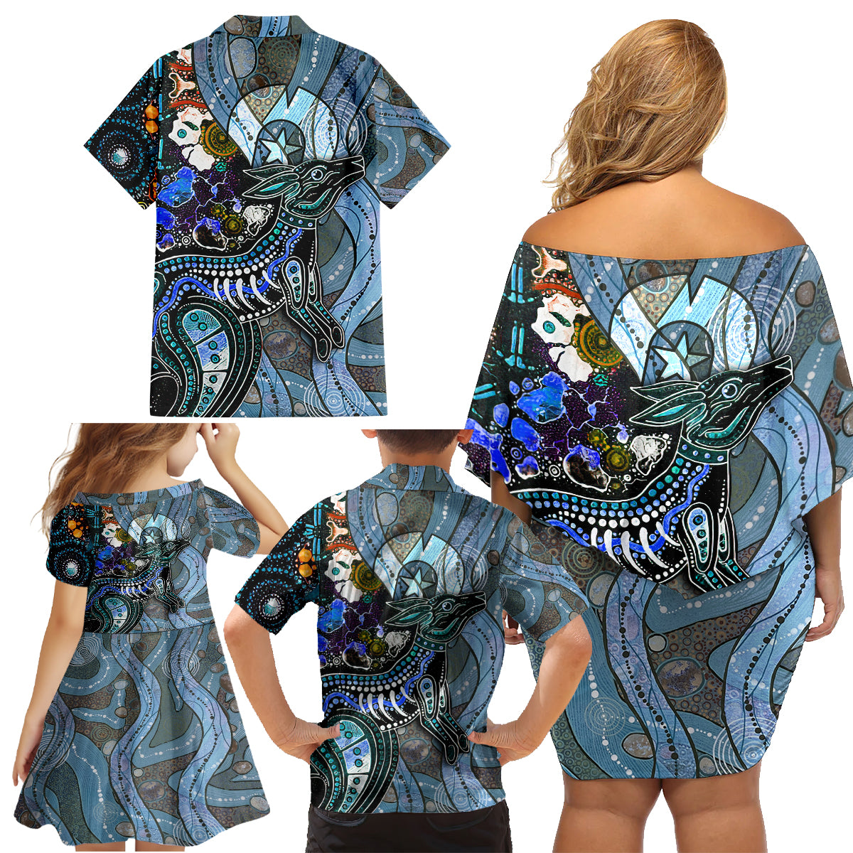 Kangaroo Aboriginal Pattern Dot Art Family Matching Off Shoulder Short Dress and Hawaiian Shirt - Wonder Print Shop