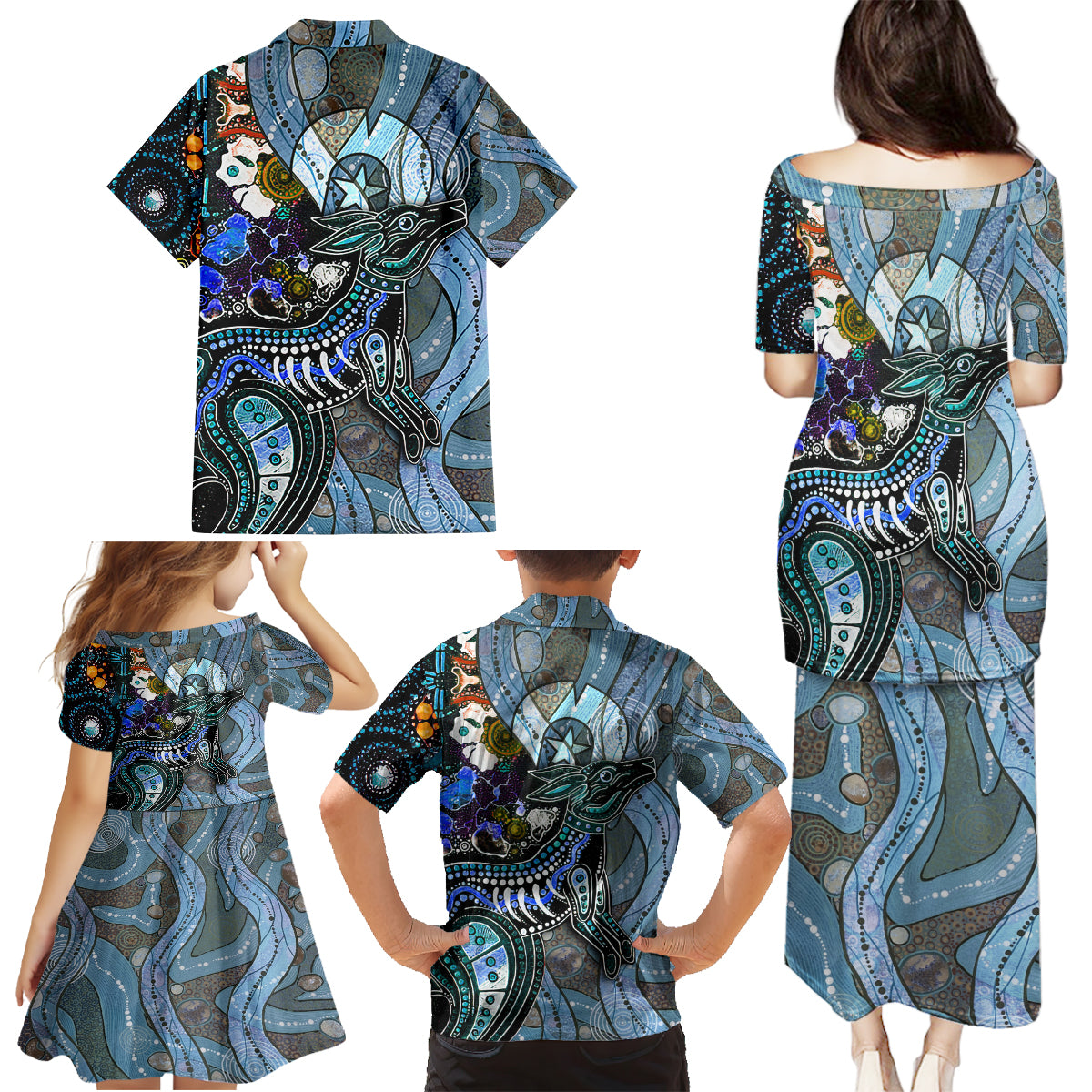 Kangaroo Aboriginal Pattern Dot Art Family Matching Puletasi and Hawaiian Shirt - Wonder Print Shop