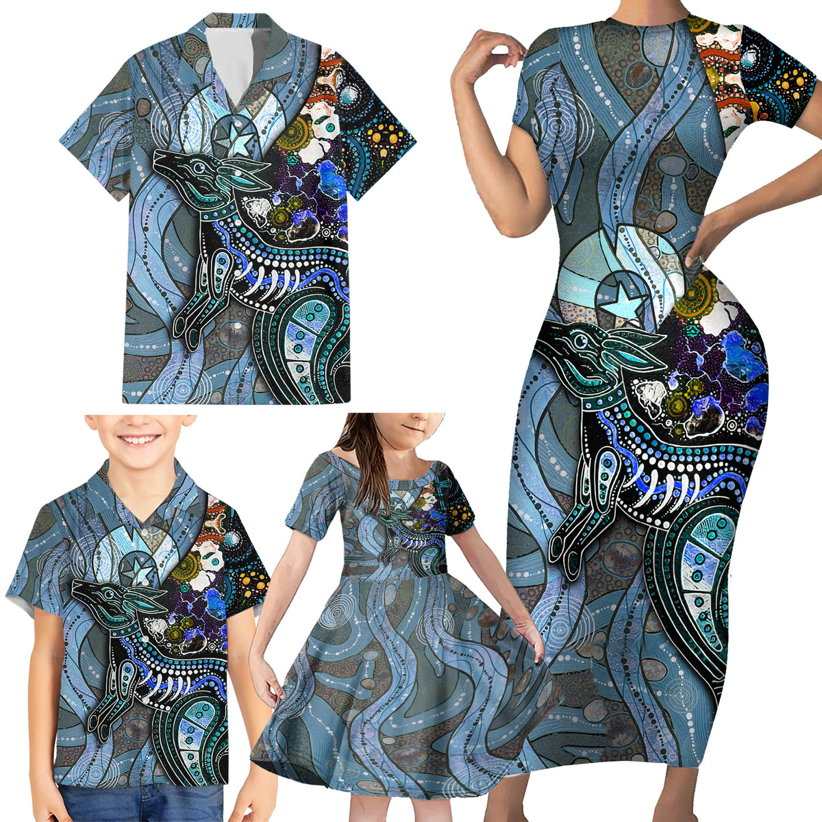 Kangaroo Aboriginal Pattern Dot Art Family Matching Short Sleeve Bodycon Dress and Hawaiian Shirt - Wonder Print Shop