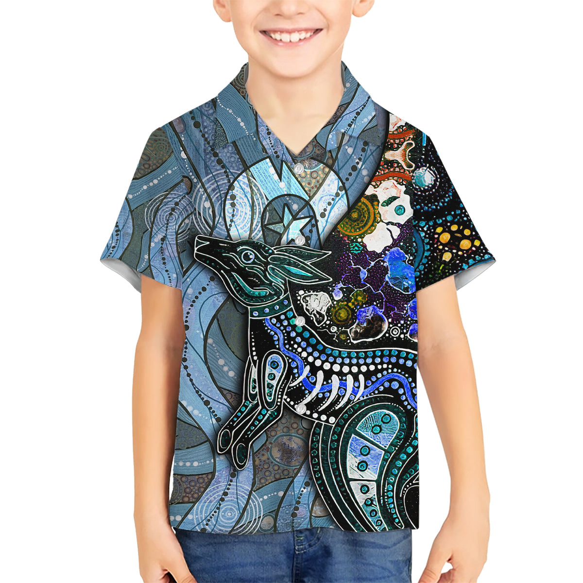 Kangaroo Aboriginal Pattern Dot Art Family Matching Short Sleeve Bodycon Dress and Hawaiian Shirt - Wonder Print Shop